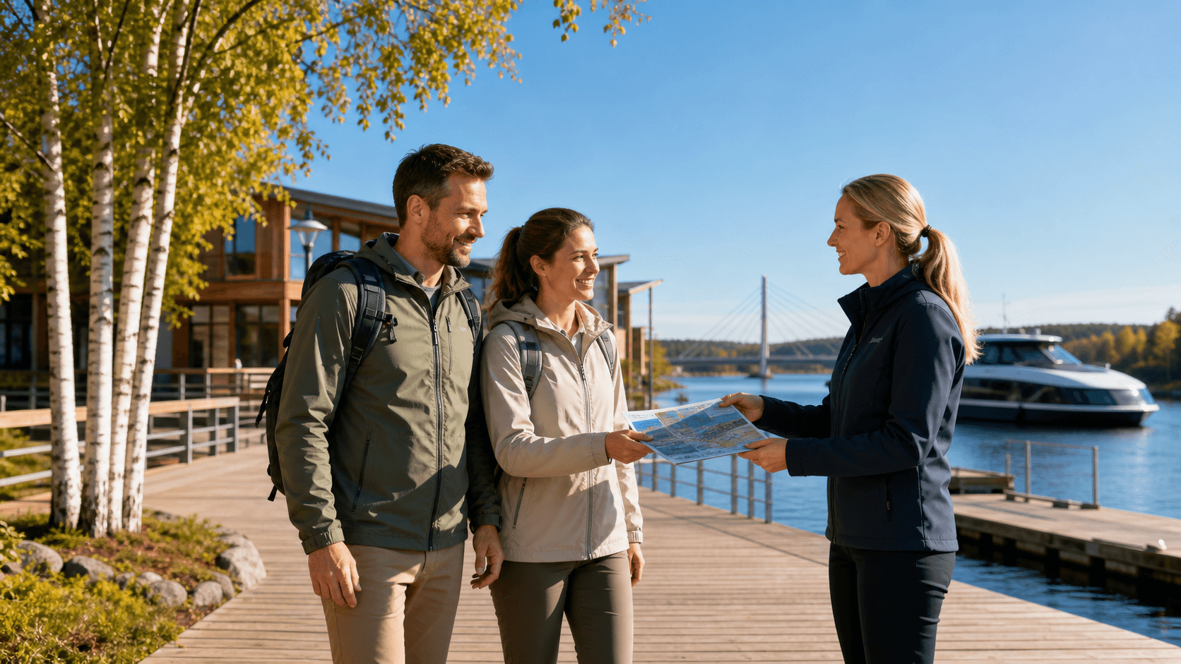 Sunlit riverside in Lapland with birch trees, wooden cabins, and colorful autumn foliage under a clear sky