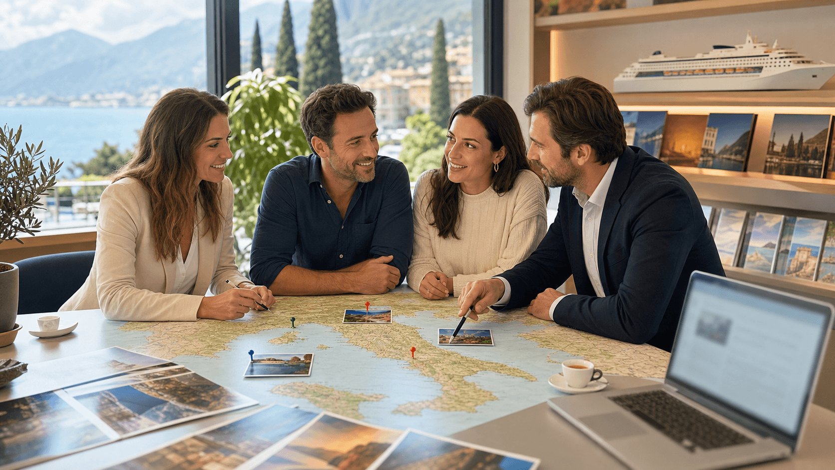 Split-view Italy map with two location pins, pastel coastline and sunlit skyline silhouettes in warm tones
